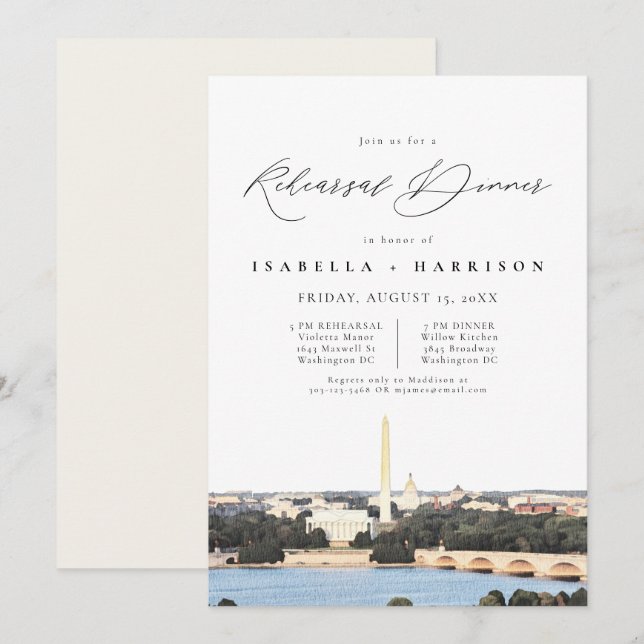 Invitation Dîner de répétition Skyline WASHINGTON DC Watercol (Devant / Derrière)