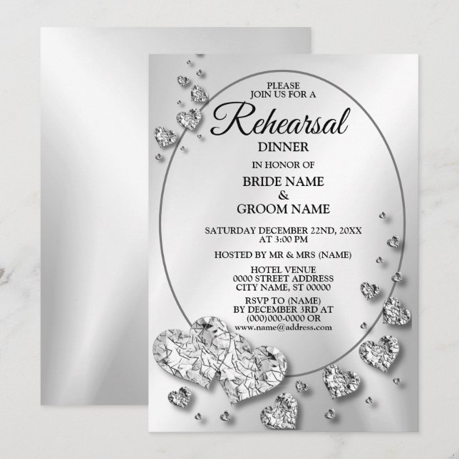 Invitation Dîner de répétition Soirée de mariage Argent Coeur (Devant / Derrière)