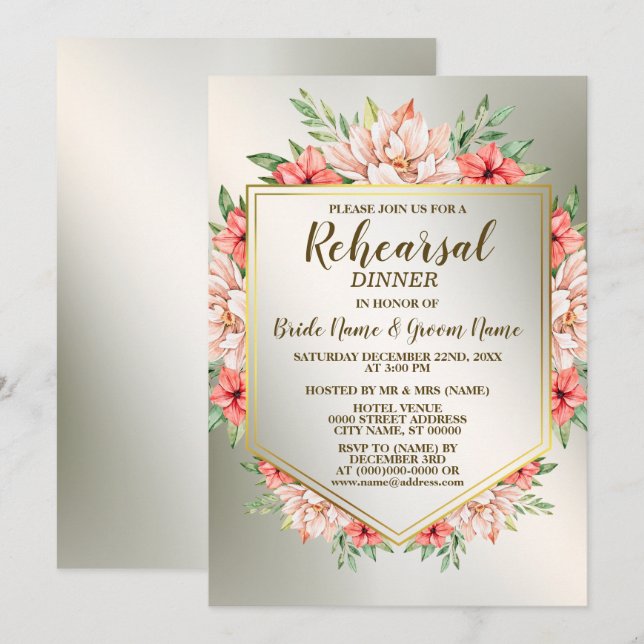 Invitation Diner de répétition Soirée Pêche Orange Floral Or (Devant / Derrière)