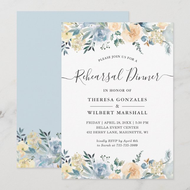Invitation Dîner de répétition subtil Vanilla Blue Floral (Devant / Derrière)