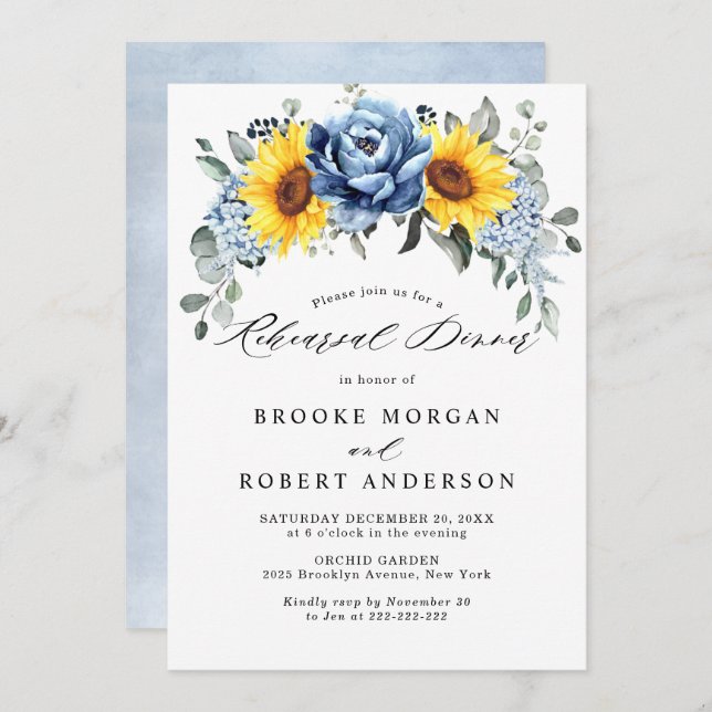 Invitation Dîner de répétition Sunflower Dusty Blue Slate Peo (Devant / Derrière)