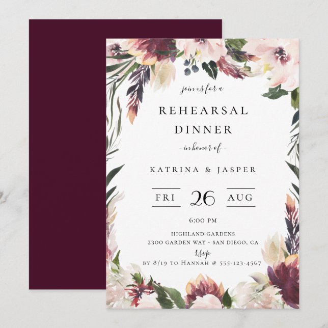 Invitation Dîner de répétition sur cadre floral de prune (Devant / Derrière)