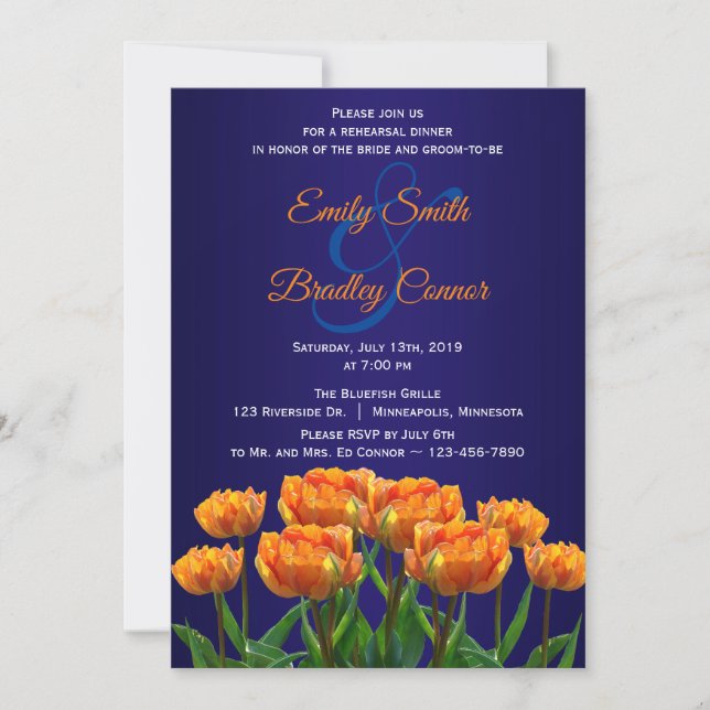 Invitation Dîner de répétition sur coutume bleu de la marine (Devant)