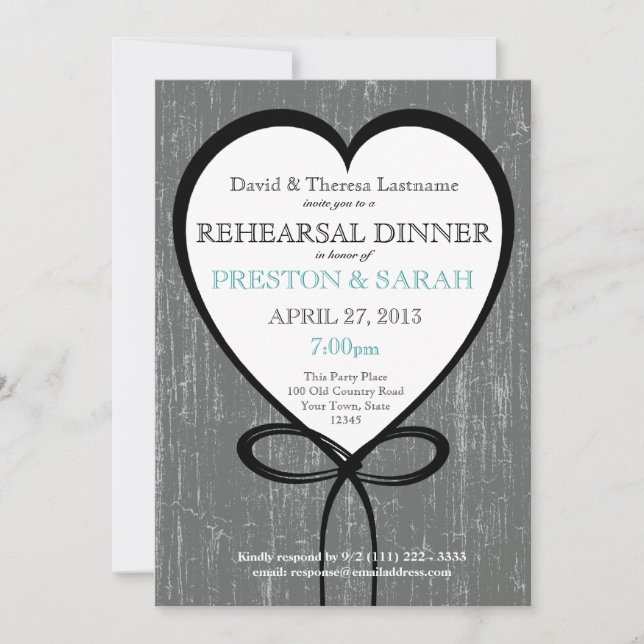 Invitation Dîner de répétition sur le bois et le coeur (Devant)