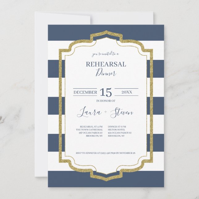 Invitation Dîner de répétition sur le cadre d'or et la Marine (Devant)