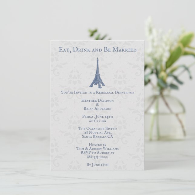 Invitation Dîner de répétition Tour Eiffel bleu Mariage damas (Debout devant)