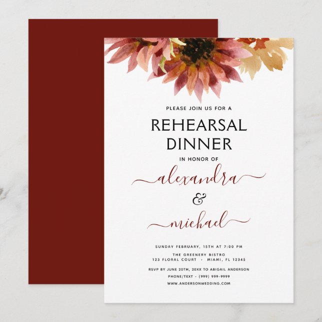 Invitation Dîner de répétition Tournesol Bourgogne Pays (Devant / Derrière)