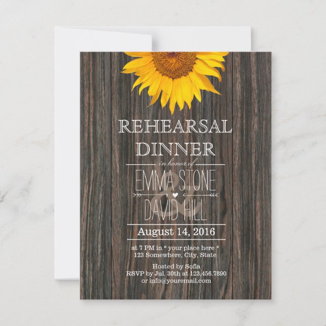 Invitation Dîner de répétition Tournesol rustique Classy Wood (Devant)