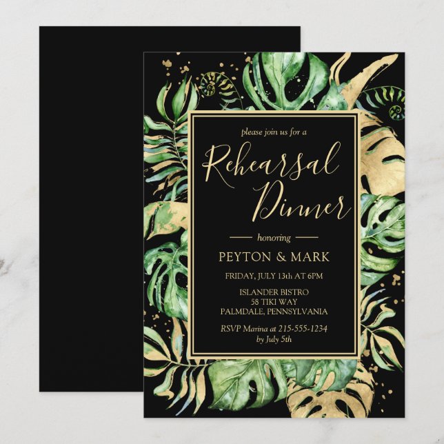 Invitation Dîner de répétition Tropical Modern Black & Gold (Devant / Derrière)