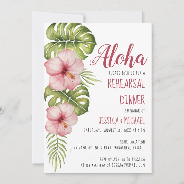 Invitation Dîner de répétition tropicale Aloha Aquarelle flor (Devant)