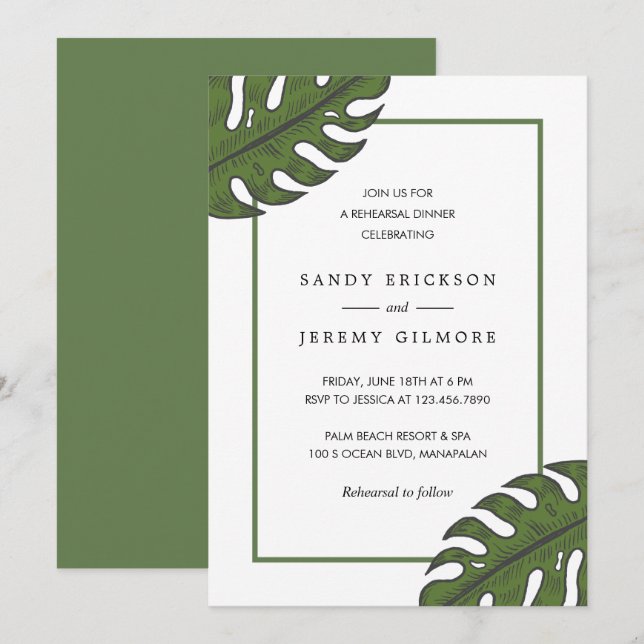 Invitation Dîner de répétition tropicale moderne vert feuille (Devant / Derrière)