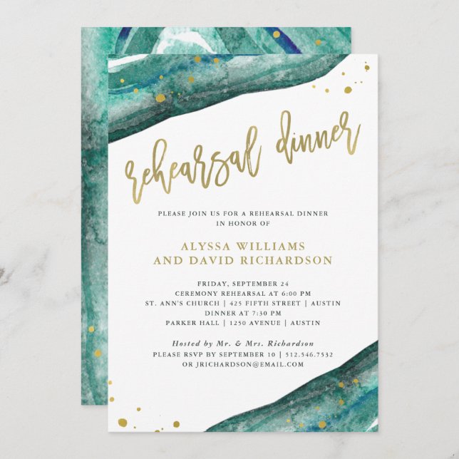 Invitation Dîner de répétition Turquoise et Gold Geode Aquare (Devant / Derrière)
