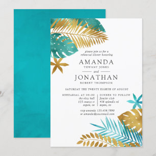 Invitation Dîner de répétition turquoise et Gold Tropical