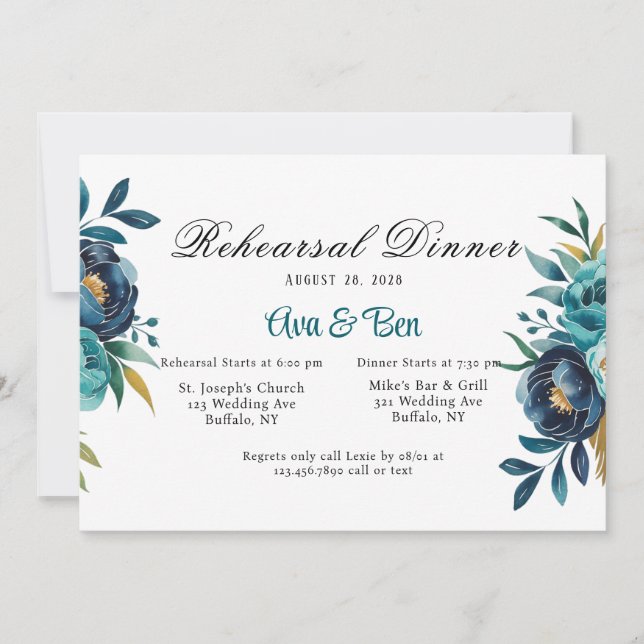 Invitation Dîner de répétition turquoise et Marine Blue Peony (Devant)