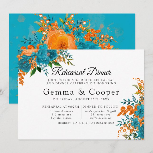 Invitation Dîner de répétition turquoise et orange (Devant / Derrière)
