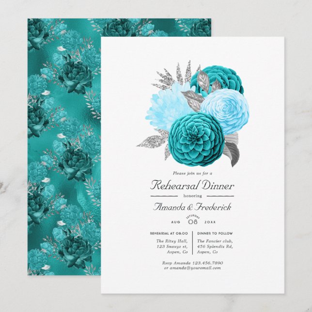 Invitation Dîner de répétition turquoise et Silver Floral Mar (Devant / Derrière)