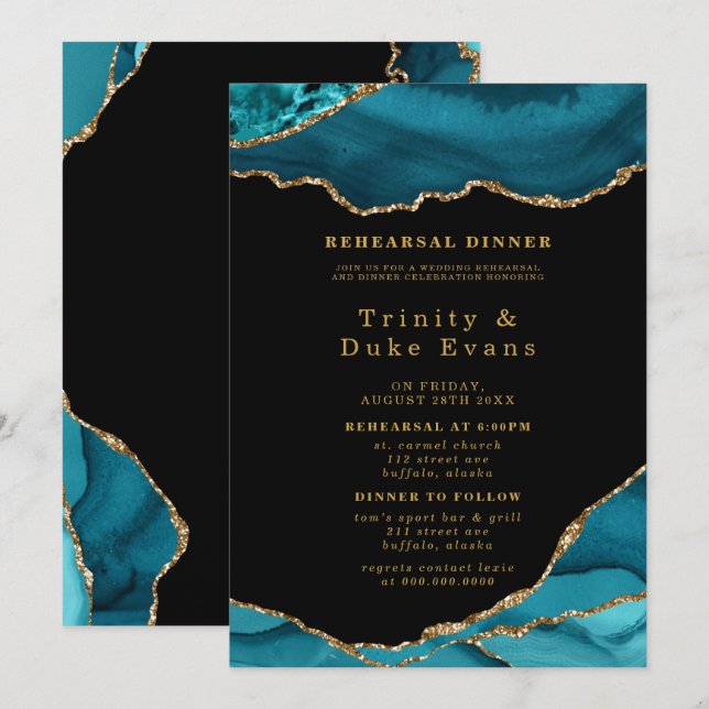 Invitation Dîner de répétition Turquoise moderne et doré (Devant / Derrière)
