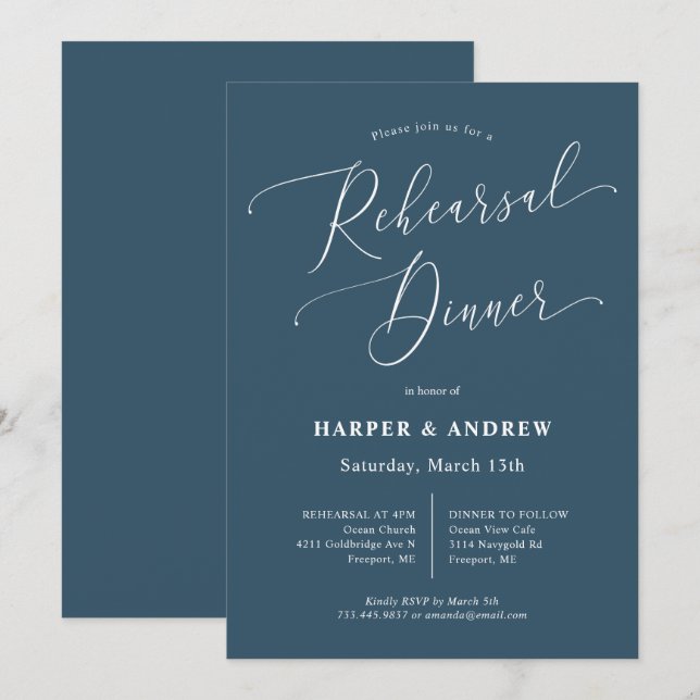 Invitation Dîner de répétition turquoise pour Mariage minimal (Devant / Derrière)