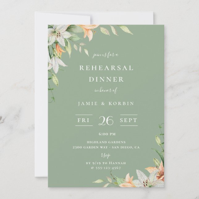 Invitation Dîner de répétition vert Lily Floral (Devant)