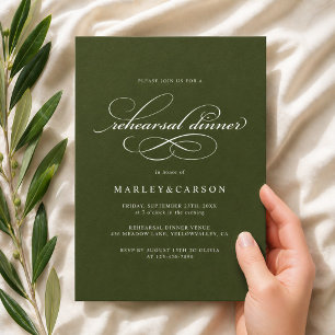 Invitation Dîner de répétition vert olive Calligraphie élégan