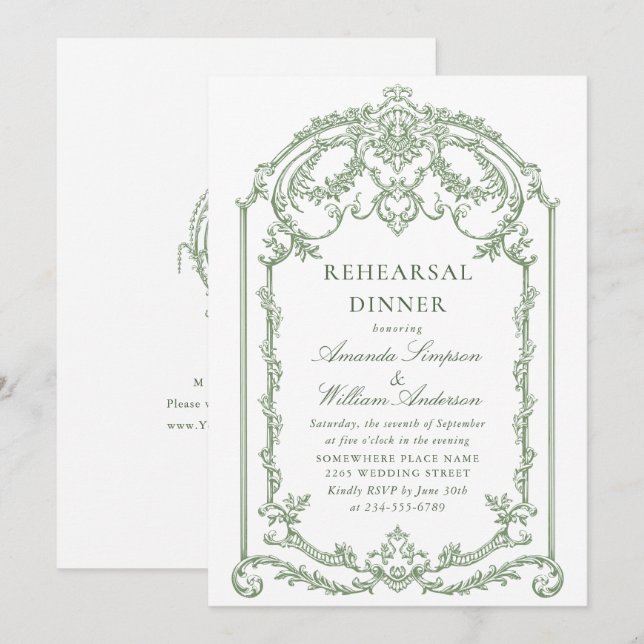 Invitation Dîner de répétition verte de l'Ornat victorien (Devant / Derrière)