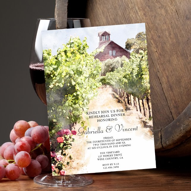 Invitation Dîner de répétition Vineyard et Red Barn Watercolo (Perfect inspo for a wine tasting party or vineyard wedding rehearsal dinner theme.)