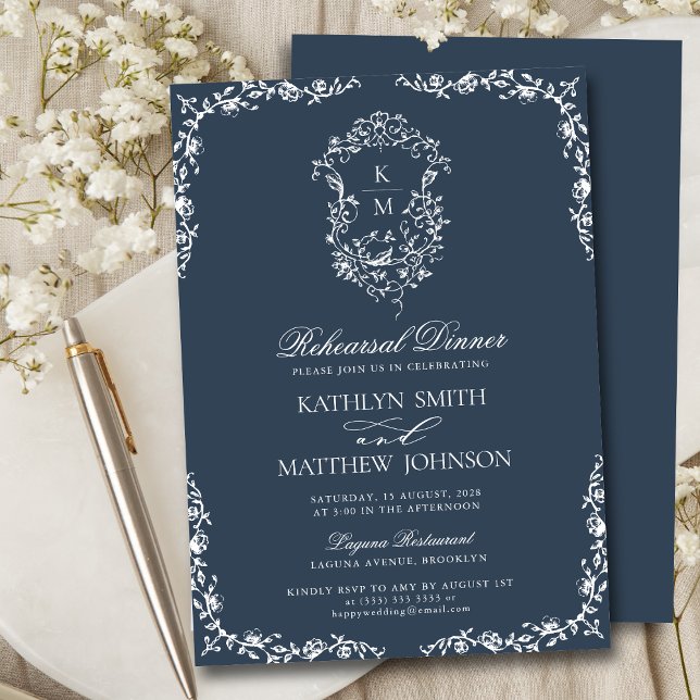 Invitation Dîner de répétition Vintage Monogramme bleu de la  (Créateur téléchargé)