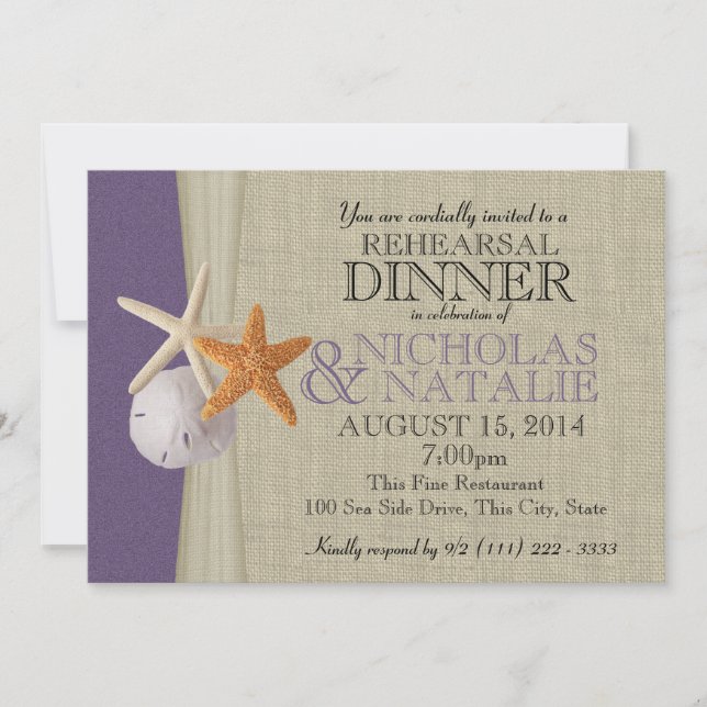 Invitation Dîner de répétition violet Ocean et Burlap (Devant)