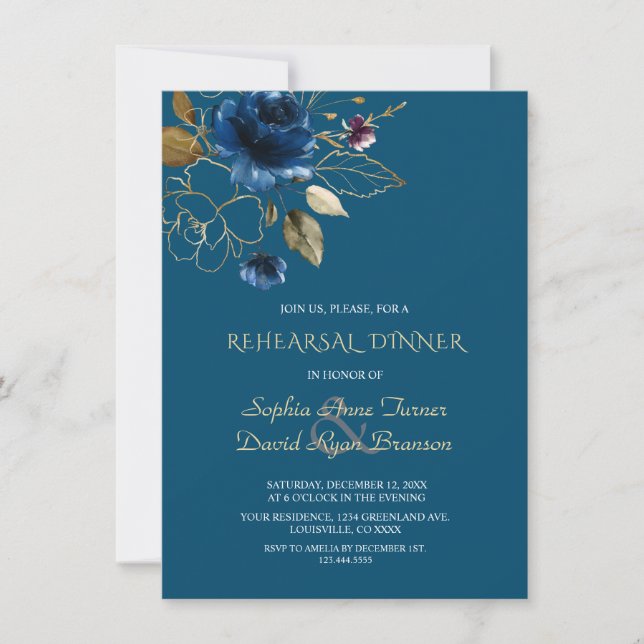 Invitation Dîner de répétition Whimsical Blue Gold Flowers (Devant)