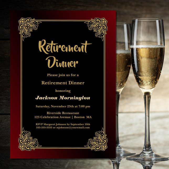 Invitation Dîner de retraite Black Red Gold (Créateur téléchargé)