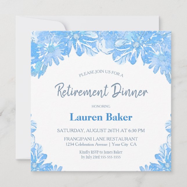 Invitation Dîner de retraite floral bleu (Devant)