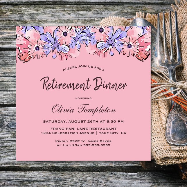 Invitation Dîner de retraite Floral Lavender Rose (Créateur téléchargé)