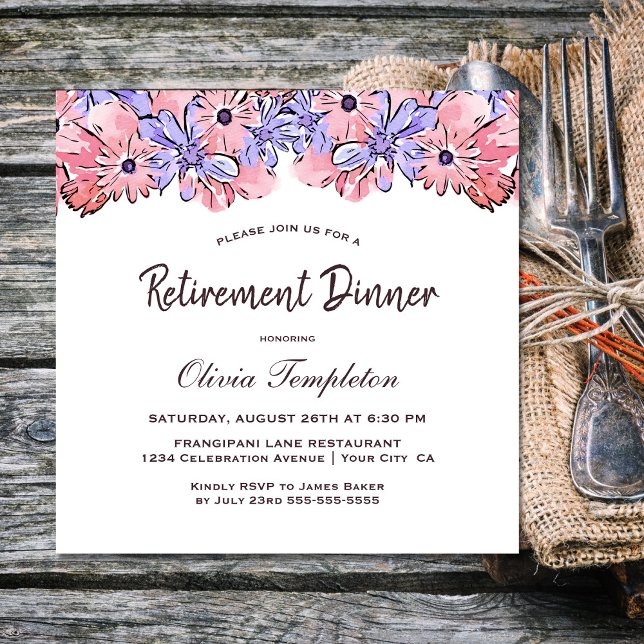 Invitation Dîner de retraite Floral Rose Lavande (Créateur téléchargé)