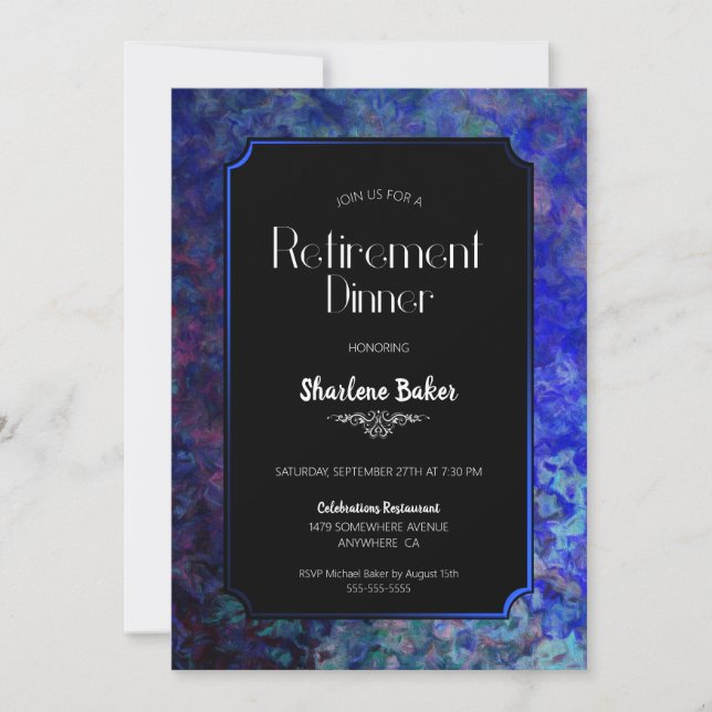 Invitation Dîner de retraite Noir avec bordure bleue (Devant)