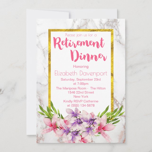 Invitation Dîner de retraite rose et violet Magnolias (Devant)