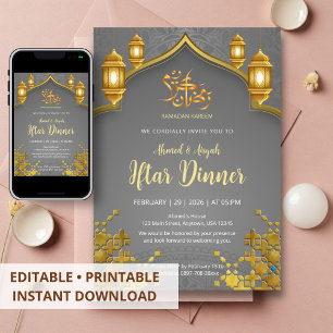 Invitation Dîner de rupture de jeûne Luxe Or et Gris Charbon