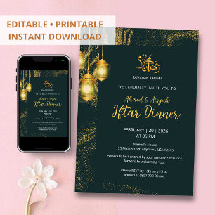 Invitation Dîner de rupture du jeûne Luxe Or et Émeraude Somb