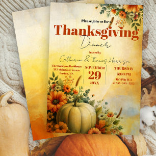 Invitation Dîner de Thanksgiving à la gouache avec citrouille