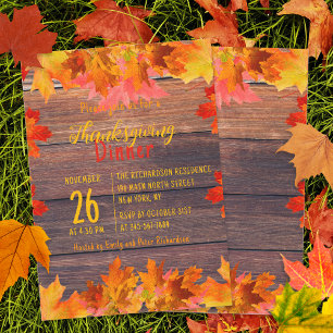 Invitation Dîner de Thanksgiving au feuillage automnal en boi
