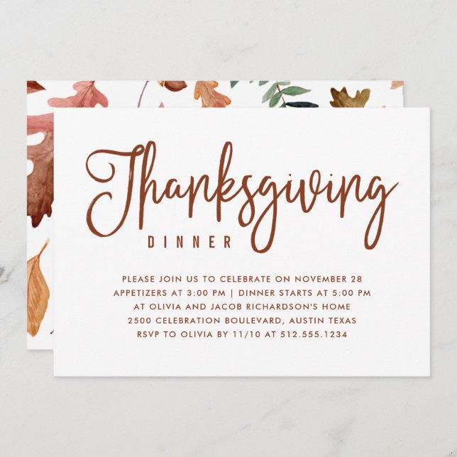 Invitation Dîner de Thanksgiving | Blanc avec feuilles d'auto (Devant / Derrière)