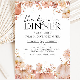 Invitation Dîner de Thanksgiving Citrouille Floral Rustique