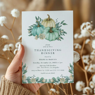 Invitation Dîner de Thanksgiving Citrouille Floral Sarcelle
