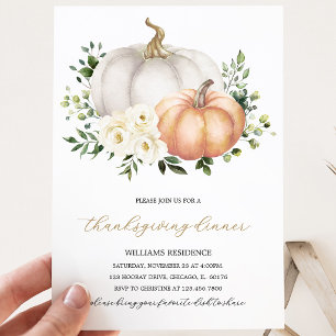 Invitation Dîner de Thanksgiving Citrouille Florale Blanche