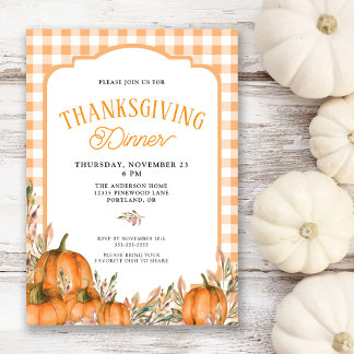 Invitation Dîner de Thanksgiving Citrouilles Automne Gingham