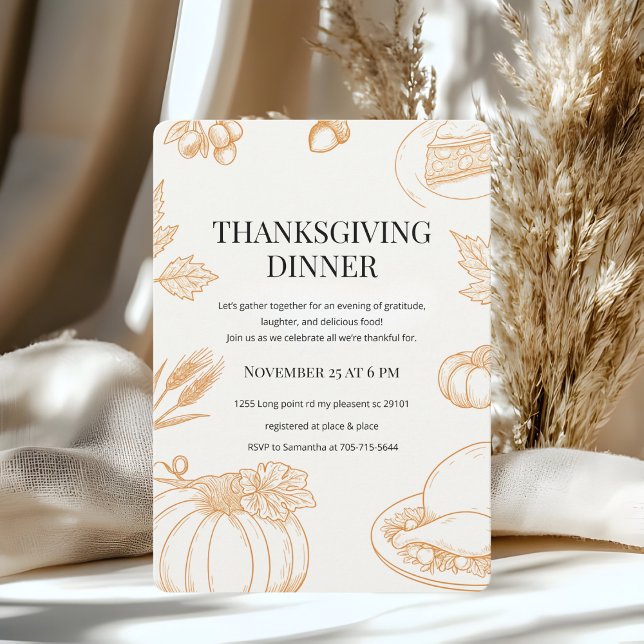 Invitation Dîner de Thanksgiving dessiné à la main Orange Rus (Créateur téléchargé)