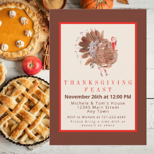 Invitation Dîner de Thanksgiving Dinde Aquarelle Automne