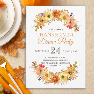 Invitation Dîner de Thanksgiving Floral aux Feuilles d'Automn