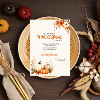 Invitation Dîner de Thanksgiving Floral Élégant Rustique
