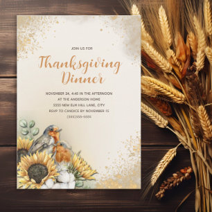 Invitation Dîner de Thanksgiving Oiseaux Automne Tournesols