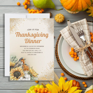 Invitation Dîner de Thanksgiving Oiseaux Tournesols Automne